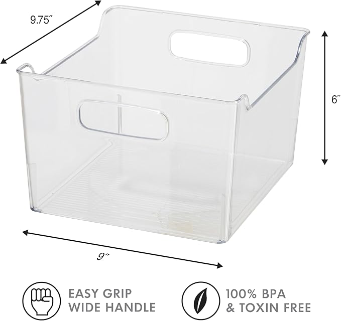 Oggi Storage Bin With Handles - Deep (9.75" x 9" x 6") - Ideal for Kitchen Organization, Pantry Storage, Fridge Organizing, Clear