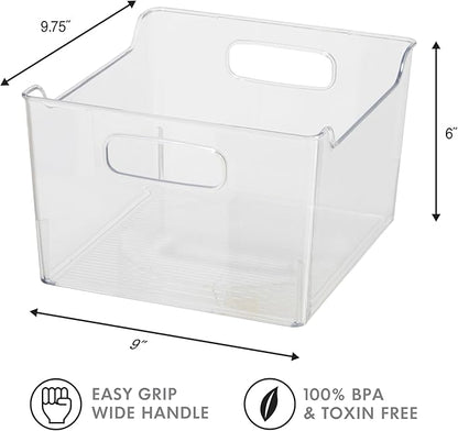 Oggi Storage Bin With Handles - Deep (9.75" x 9" x 6") - Ideal for Kitchen Organization, Pantry Storage, Fridge Organizing, Clear