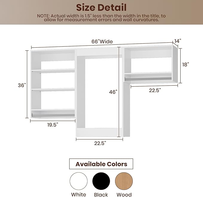 ROOMTEC Modular Closet System, 66" Closet Organizer with Hanging Rods, Wall-Mounted Wooden Tower for Walk-In Closets, Wardrobe Storage Kit, White