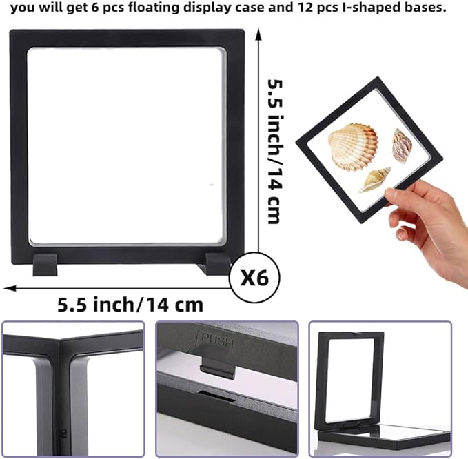 6 PCS 3D Floating Display Case with stand, Seashell Holder Frame Coins Floating Display Stand Transparent Jewelry Storage Box for Dollar Bill Fossils Stamps Bracelet (5.5x 5.5 x 0.8 Inch)