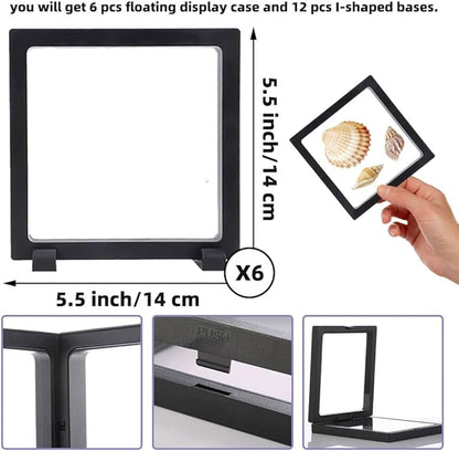 6 PCS 3D Floating Display Case with stand, Seashell Holder Frame Coins Floating Display Stand Transparent Jewelry Storage Box for Dollar Bill Fossils Stamps Bracelet (5.5x 5.5 x 0.8 Inch)