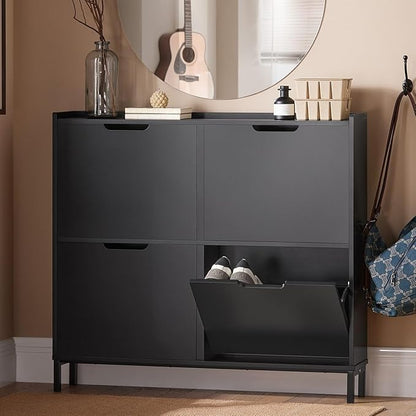 Haotian Ultra Thin Shoe Cabinet with 4 Flip-Drawers, Narrow Shoe Rack, Slim Shoe Storage Organiazer Entryway, Black, FSR100-W, 7.5" D x 39.4" W x 35.6" H