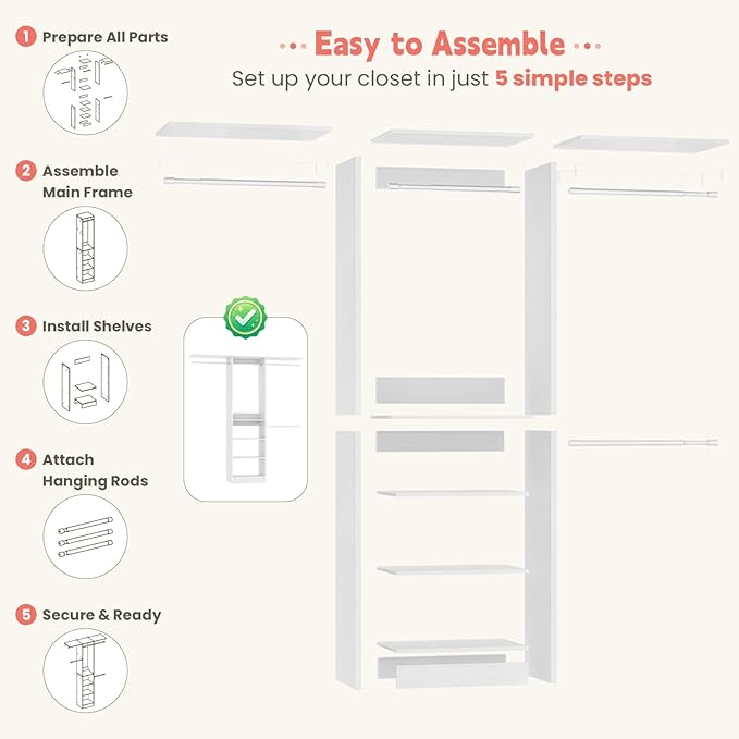 iSunirm 48" Small Closet System, Space-Saving Wall-Mounted Wardrobe Organizer, Mini Garment Rack for Narrow Spaces, Morning Outfit Prep Station & Nursery Dress-up Storage, White