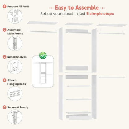 iSunirm 48" Small Closet System, Space-Saving Wall-Mounted Wardrobe Organizer, Mini Garment Rack for Narrow Spaces, Morning Outfit Prep Station & Nursery Dress-up Storage, White