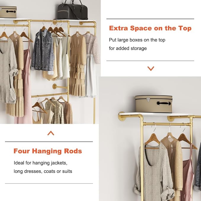 KaKaBB Industrial Pipe Clothing Rack with Shelves, Wall Mounted Gold Corner Clothes Rack, Adjustable Closet System for Walk in Closets, Heavy Duty Metal Garment Organizer (73" W x 84" H)