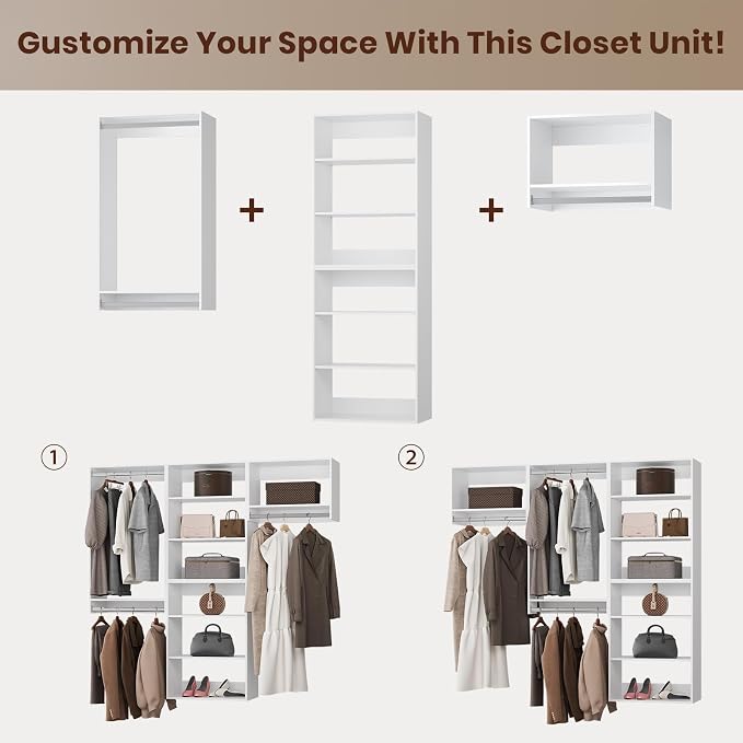 ROOMTEC Modular Closet System, 60" Wall-Mounted Closet Organizer with Hanging Rods, Modern Wooden Tower for Walk-In Closets, Wardrobe Storage Kit, White