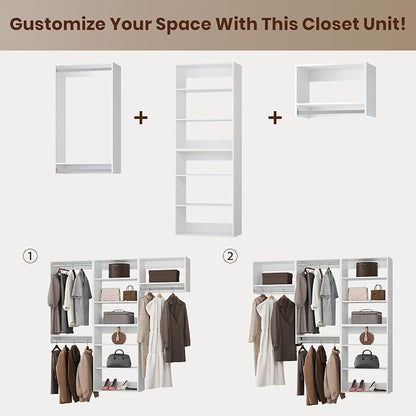 ROOMTEC Modular Closet System, 60" Wall-Mounted Closet Organizer with Hanging Rods, Modern Wooden Tower for Walk-In Closets, Wardrobe Storage Kit, White
