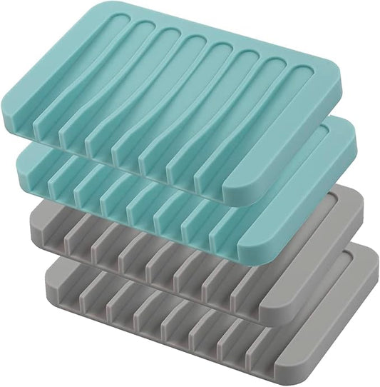 4PCS Self Draining Soap Holder, Premium Silicone Soap Dish, Waterfall Drainer Soap Saver for Bathroom, Kitchen, Bath Tub, Extend Soap Life, Keep Soap Bars Dry Easy Clean (Grey & Teal)