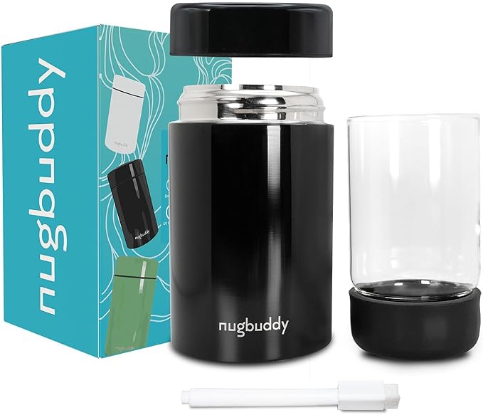 nugbuddy Airtight Storage Container - Vacuum Sealed Insulated w Nested Glass Jar - UV Protection, Temperature Controlled Stainless - Whiteboard Finish w Marker Included - 300 ml (3/4 Oz)