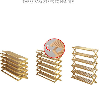 Shoe Racks, Bamboo Foldable Shoes Organizer Free Standing Shelf for Entryway, Closet, Bedroom, Hallway, | Natural | Functional | Multifunctional Shoe Rack ([Wood Color] 6 Layers)