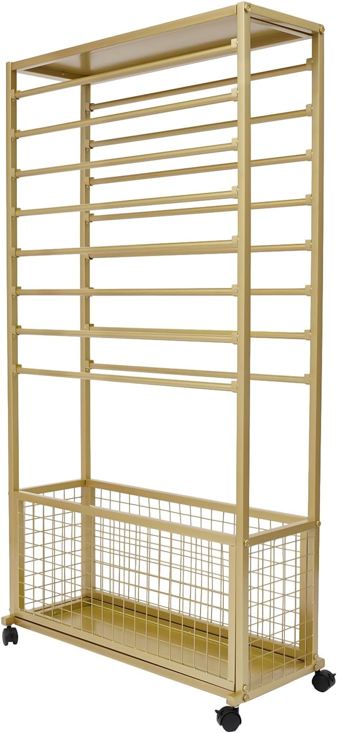 Commercial Ribbon Holder Organizer w/ 16 Rods & Locking Wheels - 59" Mobile Craft Storage for Florists, 4-Tier w/Mesh Basket (Gold, 31.5 * 12.6 * 59.06in)