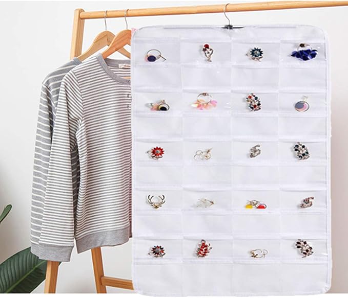 seven wolves Hanging Jewelry Organizer, Double Sided 40 Pockets, Jewelry Organizer, Necklace Holder Jewelry Chain Organizer for Brooch Earrings Necklace Bracelet Ring with Hanger, White