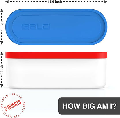 Ice Cream Containers - 2 Quart Ea. (Set of 2) - Premium Reusable Freezer Storage for Homemade Ice Cream Tub for Sorbet, Frozen Yogurt - Flexible Silicone Lids, Long Scoop, Stackable - Blue & Red