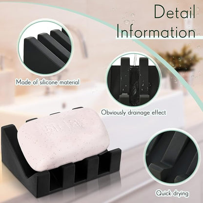 Cunhill 2 Pieces Silicone Soap Dish Self Draining Soap Dish Shower Waterfall Bar Soap Holder Tray with Drain Soap Saver for Kitchen Bathroom Accessories (Black,Cream White)