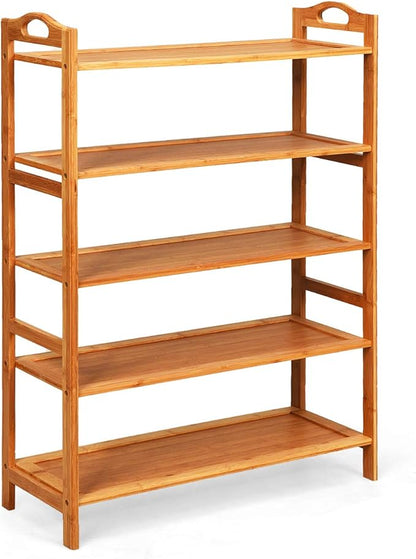 Giantex Bamboo Shoe Rack 5 Tier, Freestanding Shoe Rack with Two Rounded Handle for 15 Pairs, Entryway Standing Shoe Storage Organizer for Kitchen, Living Room, Entryway (5-Tier)