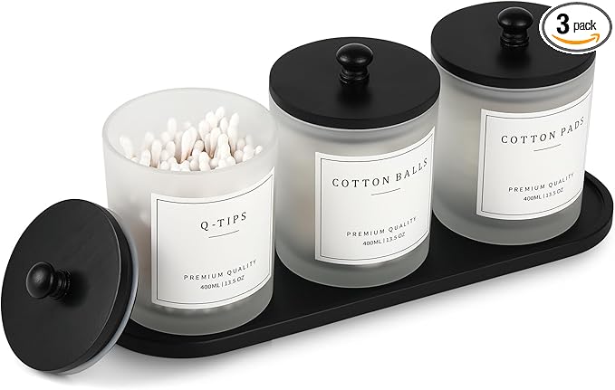 eggs sound 3 Pack Qtip Holder - Bathroom Organizers and Storage, Cotton Round Swab Holder Dispenser Cotton Ball Holder with Tray, Glass Apothecary Jars with Lids, Floss Pick Containers - ms black