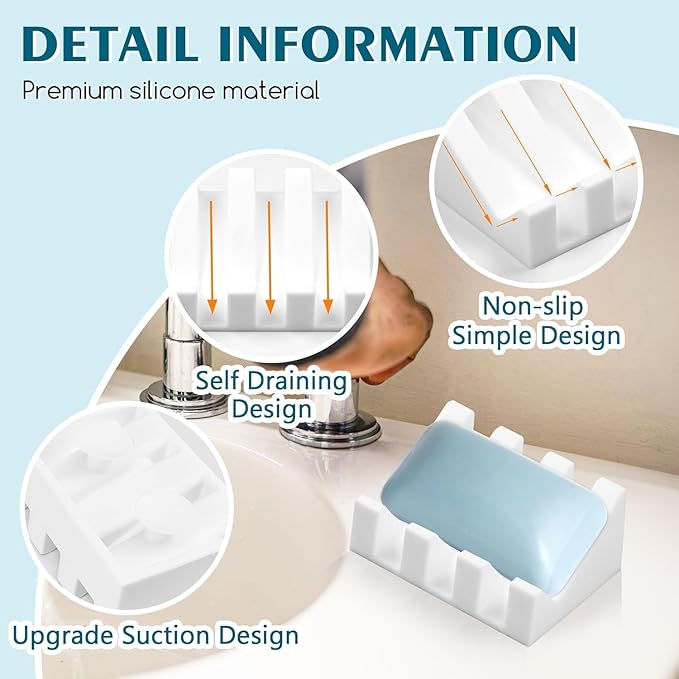 2 Pack Self Draining Silicone Soap Dish with Suction Cups - Non-Slip Bar Soap Holder for Shower & Kitchen, Waterfall Tray Keeps Soap Dry, Easy Clean, Extends Soap Life (White)