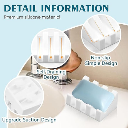 2 Pack Self Draining Silicone Soap Dish with Suction Cups - Non-Slip Bar Soap Holder for Shower & Kitchen, Waterfall Tray Keeps Soap Dry, Easy Clean, Extends Soap Life (White)