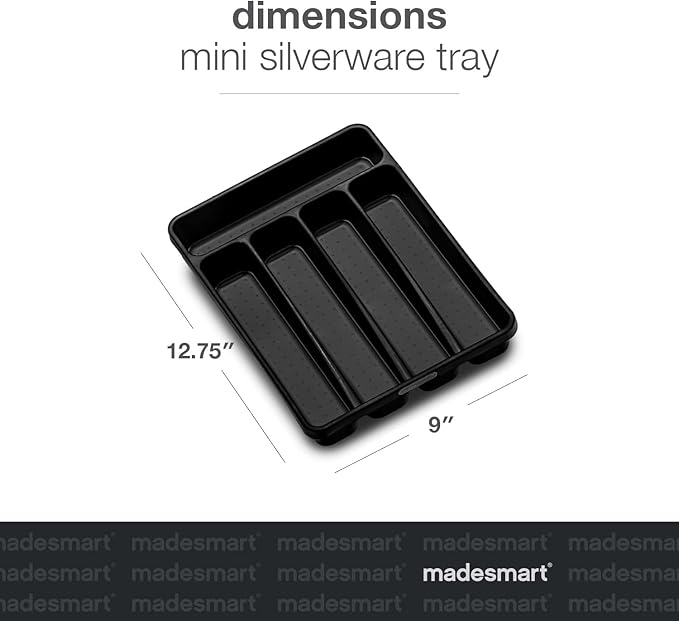 madesmart Small Silverware Tray, Compact 5 Compartment Flatware Organizer for Forks, Knives & Spoons, Non Slip, Soft Grip Lining, Fits Small Drawers, Carbon