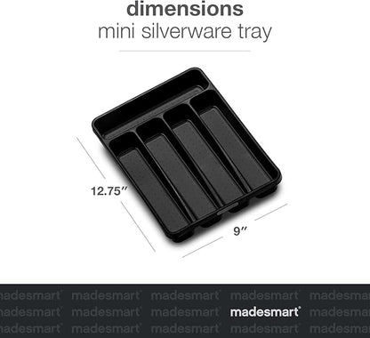 madesmart Small Silverware Tray, Compact 5 Compartment Flatware Organizer for Forks, Knives & Spoons, Non Slip, Soft Grip Lining, Fits Small Drawers, Carbon