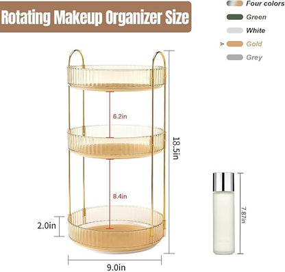 360 Rotating Makeup Organizer for Vanity, Bathroom Countertop Spinning Perfume Organizer, High-Capacity Cosmetic and Skincare Dresser Make Up Holder Rack (3 Tiers, Yellow)