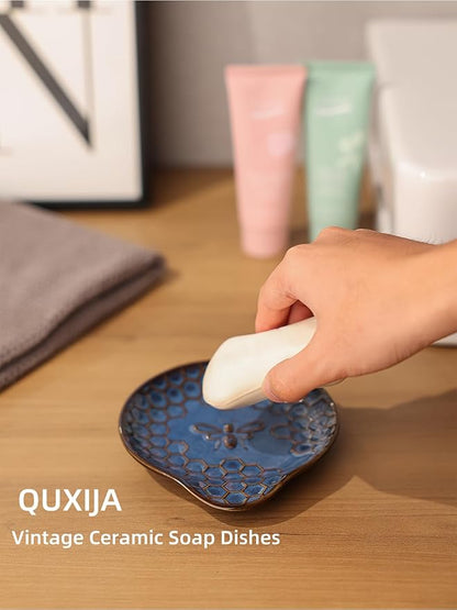 Ceramic Soap Dish, Set of 2 Bar Soap Holder, Shower Soap Dish Soap Saver Tray for Bathroom Kitchen Sink, Stylish and Easy to Clean (Vintage Blue)