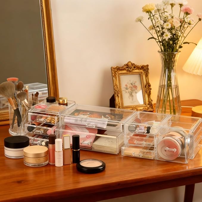 OTYMIOW 3 Tier Clear Acrylic Makeup Organizer Countertop with Brush Holder and 9 Drawers, Bathrooms, Stackable Large Makeup Organizer for Store Skincare, Brushes, Hair Accessories