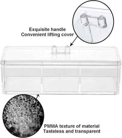 Square Qtip Holder Dispenser, 3 Compartments Cotton Ball Holder, Bathroom Canisters for Cotton Swab, Ball, Cottons Pad Organizer, Clear Acrylic Containers with Lid for Bathroom Vanity Countertop
