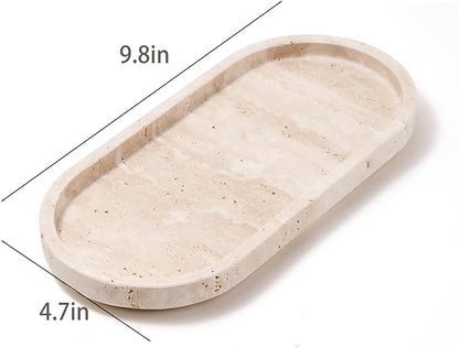 CHISELED ST DF SK Natural Travertine Oval - 10x5 Inch Bathroom and Vanity Marble Small Tray for Soap Bottle, Perfume, Aromatherapy and Jewelry Accessories - Countertop Tray with Non-Slip Raised Base