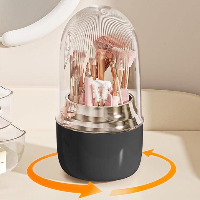 Anylady Makeup Brush Holder 360 Rotating, [Upgrade & with Cover] Makeup Brush Organizer for Vanity Countertop Bathroom (Black)