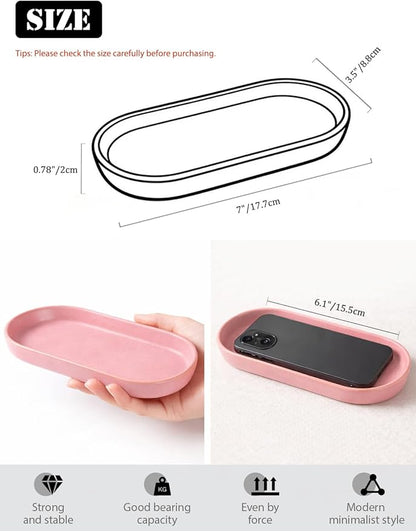 Matte Pink Ceramic Bathroom Tray for Countertop, Aesthetic Vanity Organizer Dish for Perfume, Jewelry & Soap, Oval Decorative Tray for Bathroom Sink, Dresser, Coffee Bar, Minimalist Home Decor
