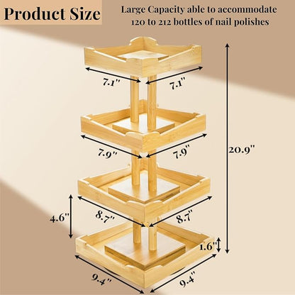 ZAVOOS Nail Polish Organizer, 4 Tier Bamboo Stand Essential Oil Display Rack for 120-212 Bottles, 360 Rotating Large Capacity Cosmetics Storage Shelf Holder for Home Spa, Business Salon