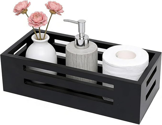 Black Bathroom Basket Wooden Toilet Tank Paper Basket with Handles-Black Decor Box-Home&Bathroom Storage Organizer