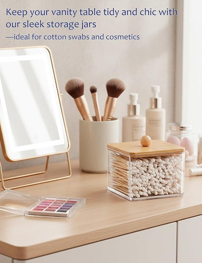 Cotton Swab Holder with Bamboo Lid, Single Layer Cotton Bud Dispenser, Premium Plastic Organizer for Guest Bathroom Vanity, Floss Pick & Hair Tie Storage Container