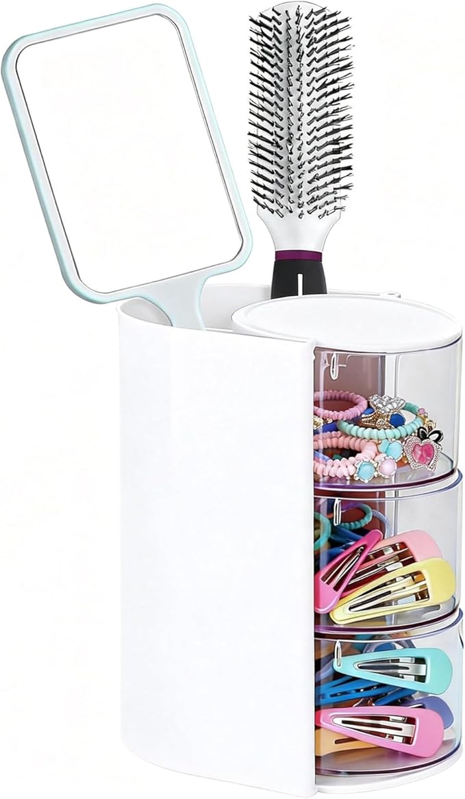 Rotating Hair Accessories Organizer & Makeup Brush Holder - 3-Tier Jewelry Storage Box for Earrings, Necklaces, Bracelets, Rings, Hair Clips (White)