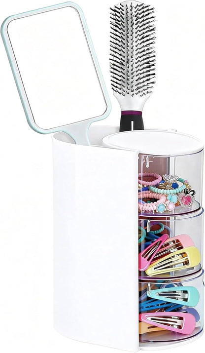 Rotating Hair Accessories Organizer & Makeup Brush Holder - 3-Tier Jewelry Storage Box for Earrings, Necklaces, Bracelets, Rings, Hair Clips (White)