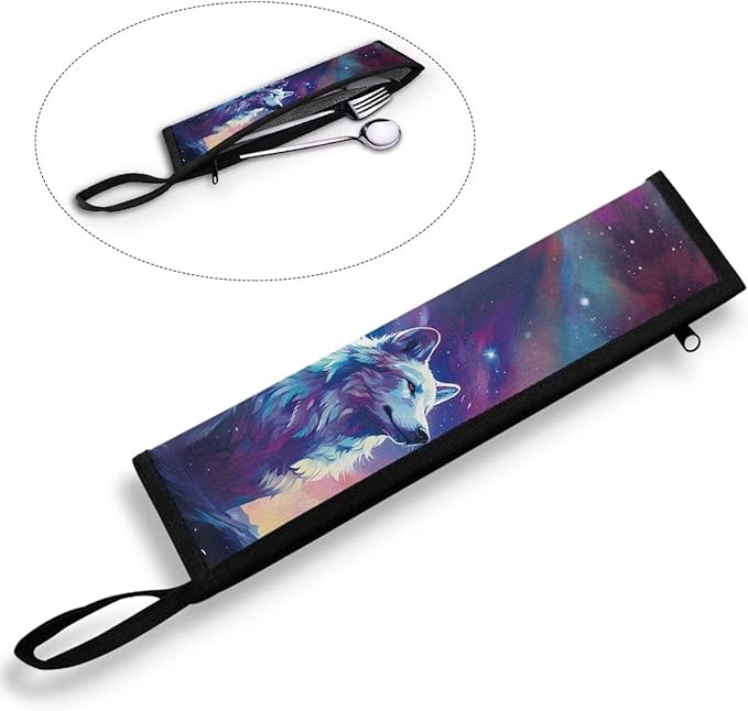 COEQINE Portable Utensil Storage Case Wolf Galaxy Straws Carrying Case Travel Utensil Pouch With Carrying Handle Portable Chopsticks Solverware Bag for Women Men,Cool Wolf Animal