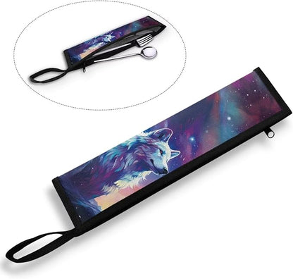 COEQINE Portable Utensil Storage Case Wolf Galaxy Straws Carrying Case Travel Utensil Pouch With Carrying Handle Portable Chopsticks Solverware Bag for Women Men,Cool Wolf Animal