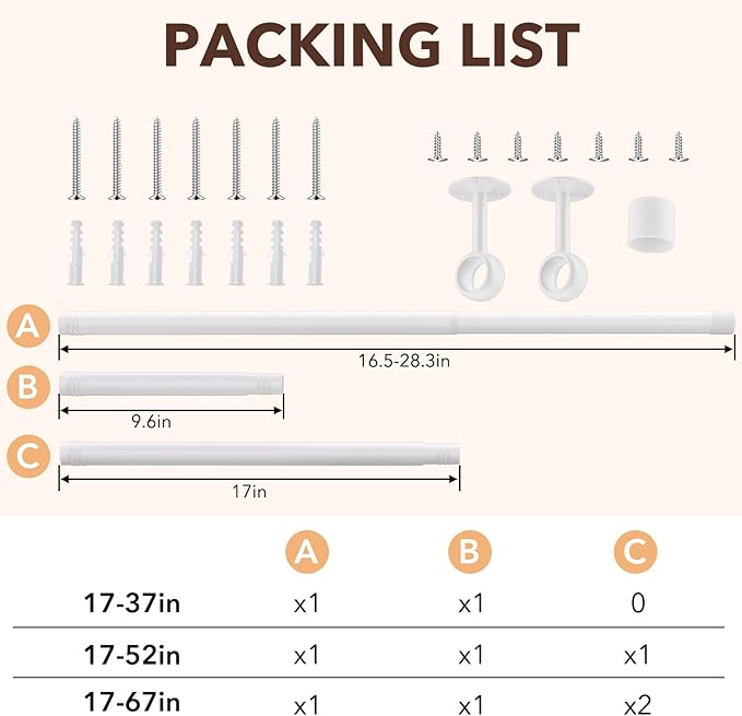 SUTINE Closet Rod, Closet Rods for Hanging Clothes, 17 to 37 inch Adjustable Ceiling/Wall mounted Closet Hanging Rod, Heavy Duty Clothes Rod Clothing Bar, Closet Poles for Hanging Clothes for Wardrobe