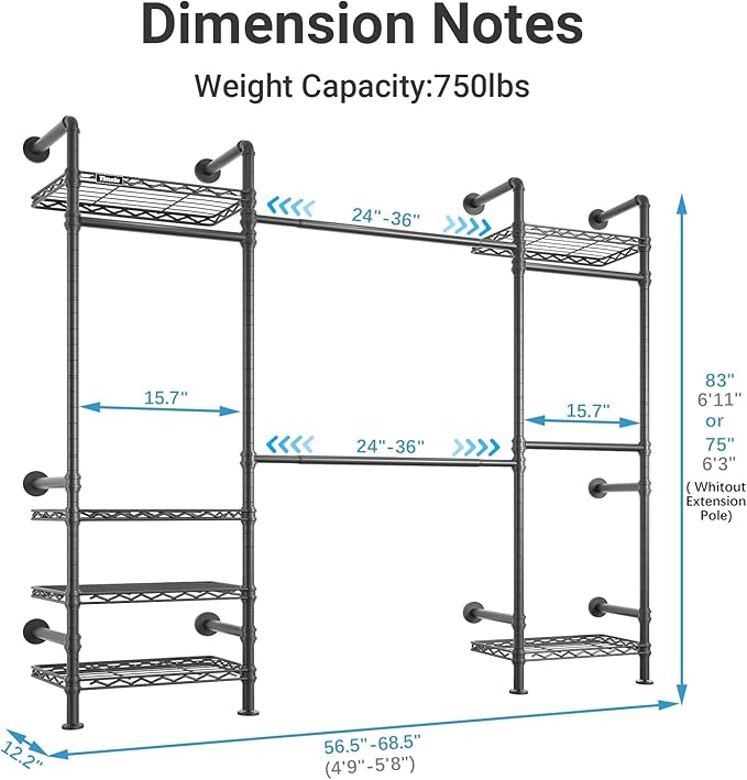 Timate F3 Medium Wall Mounted Clothes rack Expandable Closet, Industrial Pipe Clothing Rack for Hanging Clothes, Heavy Duty Clothes Rack with Shelves, Garment Rack Wall Closet System Black Pipe Closet