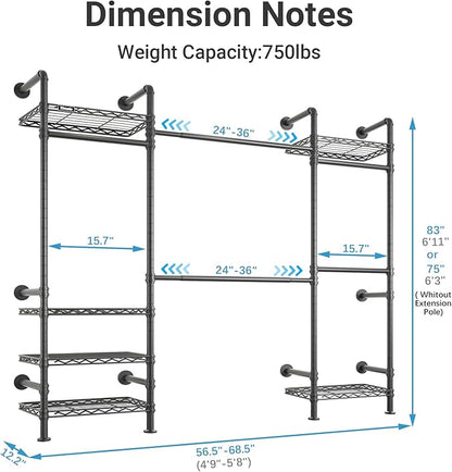 Timate F3 Medium Wall Mounted Clothes rack Expandable Closet, Industrial Pipe Clothing Rack for Hanging Clothes, Heavy Duty Clothes Rack with Shelves, Garment Rack Wall Closet System Black Pipe Closet