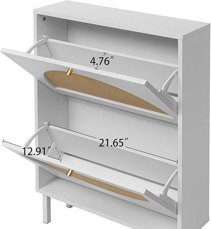 ZeHuoGe Rattan Shoe Cabinet with 2 Flip Drawers, White Shoe Shelf Organizer with Circle Rattan Doors, Entryway Narrow Storage Cabinet for Heels,Slippers(White)