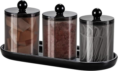 Qtip Holder Bathroom Set with Tray(4PCS) - 3 Pack Acrylic Plastic Apothecary Jars Qtip Dispenser Canister with Lid and Labels, 1 Pack Vanity Tray, for Cotton Ball, Cotton Swab (Black)