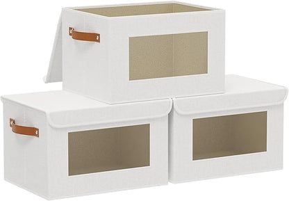 Foldable Storage Baskets with Lids, 10.2 x 7.8 x 6.7 Inch Closet Organizers for Sock Hat Blanket, Fabric Storage Boxes with Handles, White, 3-Pack