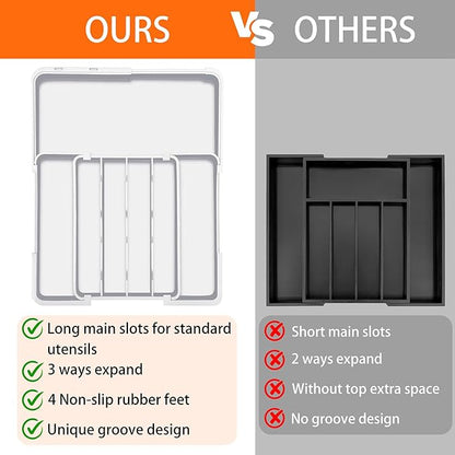 Spaclear Silverware Organizer Extra Deep - Expandable Utensil Drawer Organizer, 19 x 15 Inch Silverware Tray for Kitchen Drawer with 7 Slots, Adjustable Cutlery Tray for Spoons Forks Knives, White