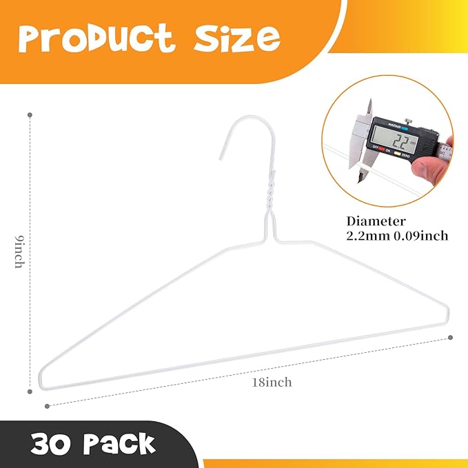 30 Pack Metal Wire Hanger, 18-inch Clothes Hangers in Bulk, Wire Hangers for Clothes, Metal Coat Hangers for Standard Size Shirts, Suits, Pants, Skirts, Coats, Ultra Thin Space Saving White