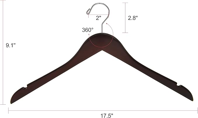 Quality Semi Curved Wooden Suit Hangers, 10-Pack Smooth Finish Solid Wood Coat Hanger with Swivel Hook, Jacket, Pant, Dress Clothes Hangers (Mahogany, 10)