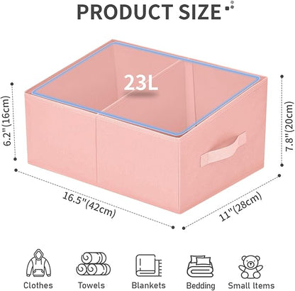 DIMJ Large Closet Shelf Organizer Bins 4 Packs with Handles and Divider, Fabric Trapezoid Storage Baskets, Foldable Clothes Containers Box for Shelf, Towel, Book, Toy, Purse, Hats, Pink