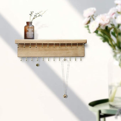 SANY DAYO HOME Jewelry Organizer with 24 Hooks and Cosmetics Shelf, 12 x 3 x 4 inches Wall Mounted Rustic Pine Wood Holder for Necklaces and Bracelets, Suitable for Kids and Adults (Brown)
