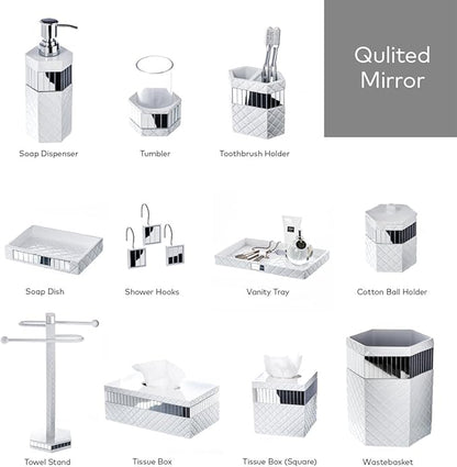 Creative Scents Quilted Mirror Q-Tip Holder, Decorative Bathroom Vanity Cotton Swab Holder Canister Jar With Lid for Cotton Balls, Durable Resin Cosmetic Pads & Swabs Container
